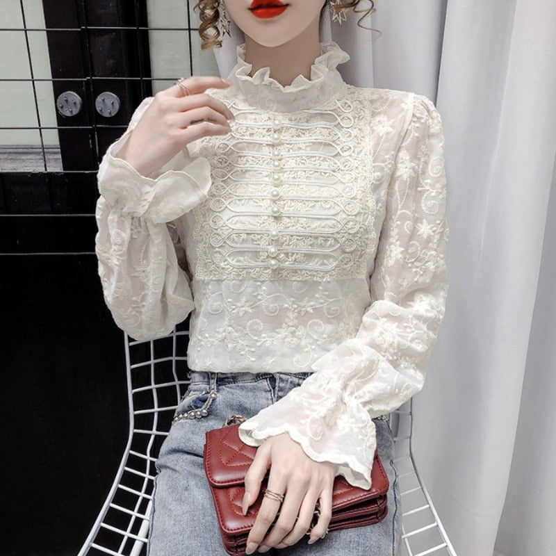 Lace Blouse Women Pearls Sexy Office Chiffon Blouse Flare Long Sleeved Ruffles Collar Transparent Blouse Female Thin