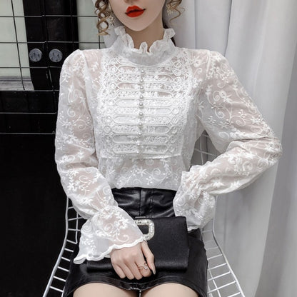 Lace Blouse Women Pearls Sexy Office Chiffon Blouse Flare Long Sleeved Ruffles Collar Transparent Blouse Female Thin