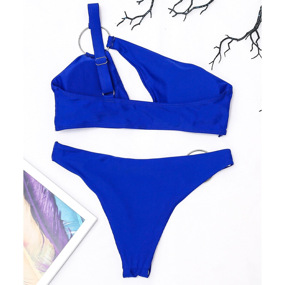 Vigoashely Blue One Shoulder Swimwear Women Sexy High Cut Hollow Bikini Set 2022 Ring Push Up Swimsuit Summer Beach Bathing Suit