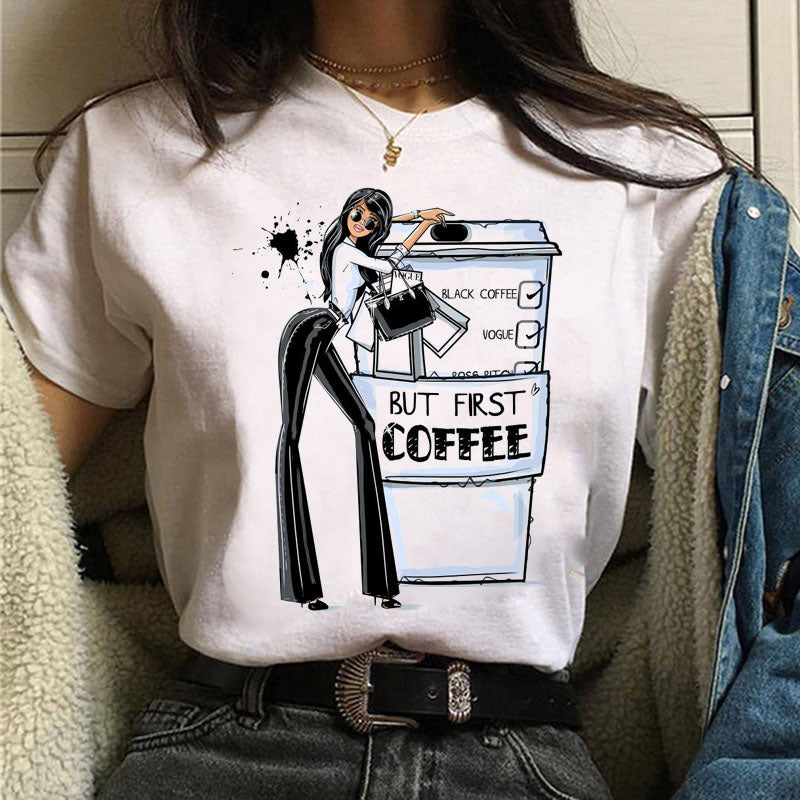 Fashion Women T Shirt Coffee Time and Girl Printed T Shirt Female Summer Casual Tops Tee 90s Girls Harajuku Cute Women T-shirts