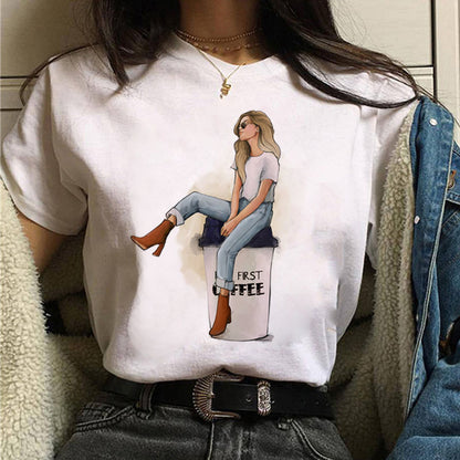 Fashion Women T Shirt Coffee Time and Girl Printed T Shirt Female Summer Casual Tops Tee 90s Girls Harajuku Cute Women T-shirts