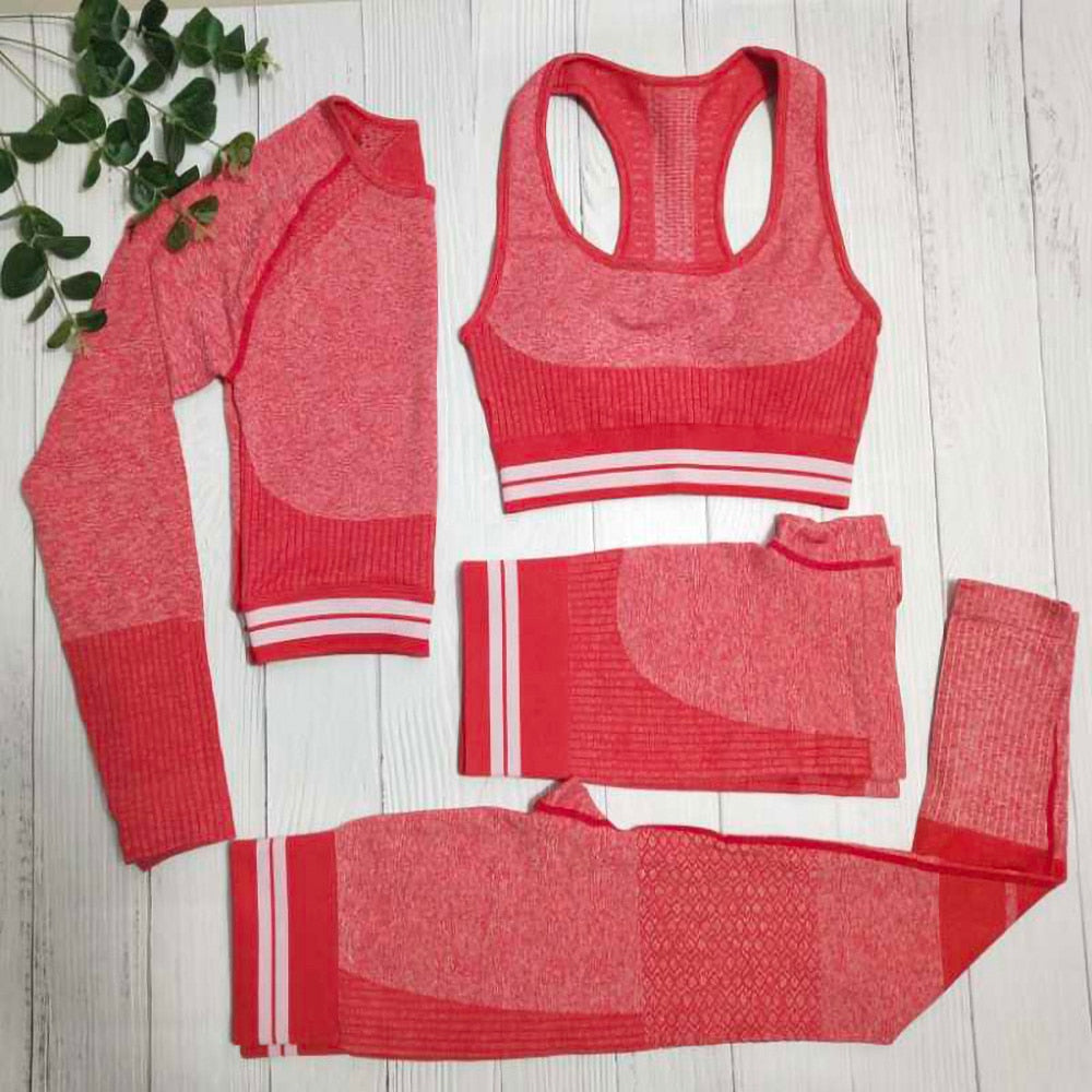 4 Pieces Seamless Yoga Set For Women Sportswear Long Sleeve Gym Clothing Fitness Sports Bra Top High Waist Leggings Sports Suit
