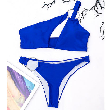 Vigoashely Blue One Shoulder Swimwear Women Sexy High Cut Hollow Bikini Set 2022 Ring Push Up Swimsuit Summer Beach Bathing Suit