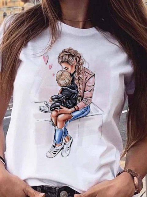 Women T-Shirt Cartoon Mom Daughter Son Print Lady T-shirts Short Sleeve Tops