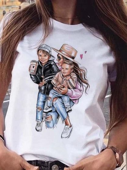 Women T-Shirt Cartoon Mom Daughter Son Print Lady T-shirts Short Sleeve Tops