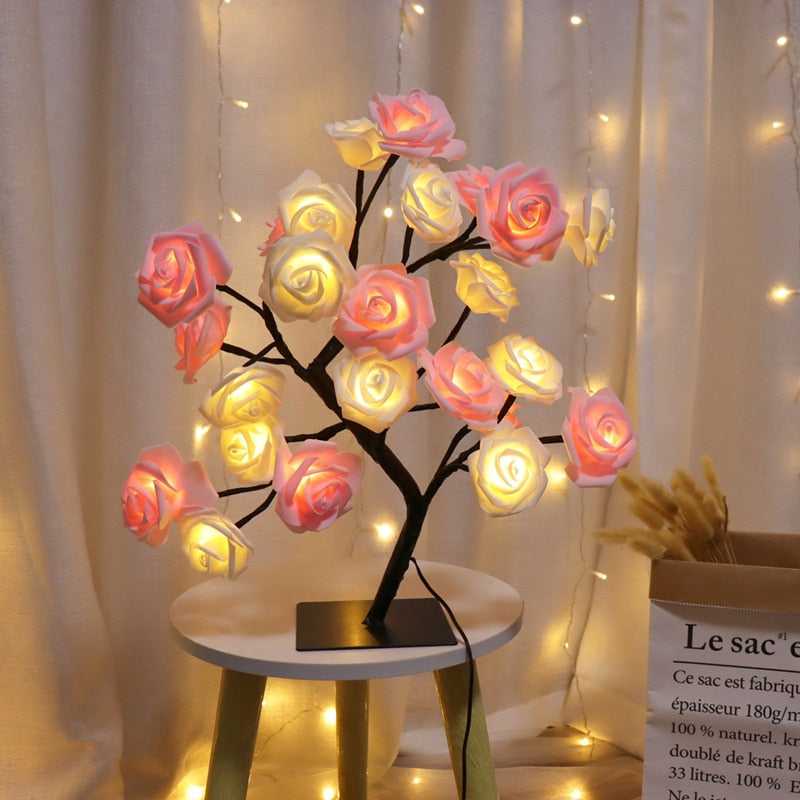 24 LED Rose Flower Tree Lights USB Table Lamp Fairy Maple Leaf Night Light Home Party Christmas Wedding Bedroom Decoration Gift