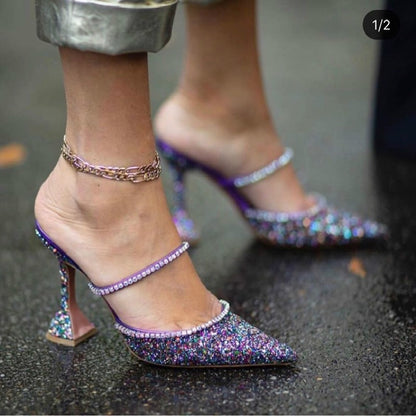 European and American Popular  Summer New Dazzling Pink Crystal Sequined Spool Heels Pointed High Heels Women Slippers