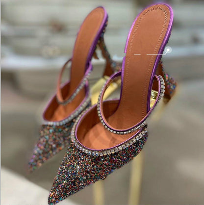 European and American Popular  Summer New Dazzling Pink Crystal Sequined Spool Heels Pointed High Heels Women Slippers