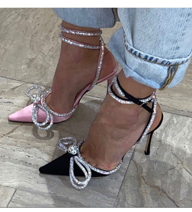 Rhinestone Butterfly knot Sandals Fine Heel Sandals Women Crystal Fairy Wind Pink Bow Tie With Diamond High Heels