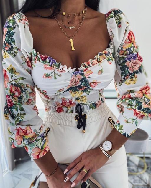 Elegant Long Puff Sleeve Square Collar Blouse Women Lace Ruffle Trim Floral Short Blouse Office Lady Slim Fit Flowers Crop Tops