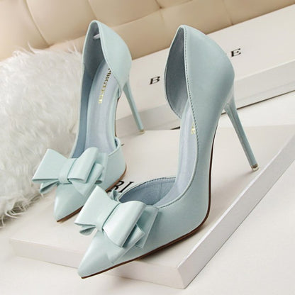 Korean Fashion Women's Shoes Wedding Bow High Heels Stiletto Heels Shallow Pointed Head Side Empty