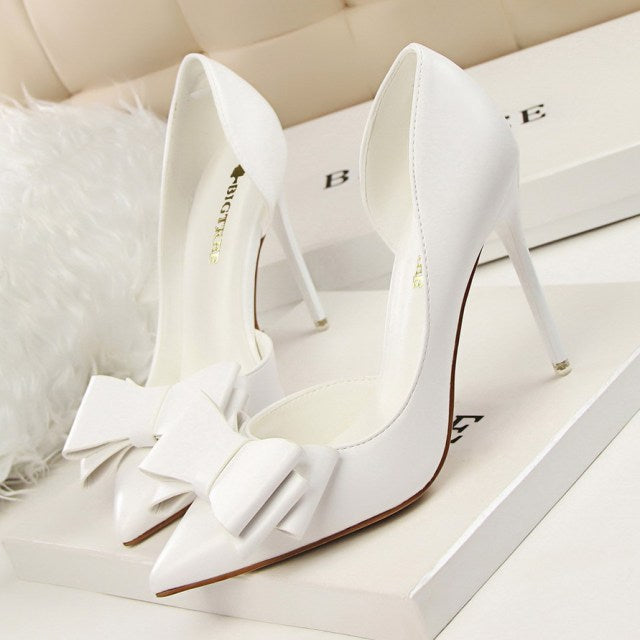 Korean Fashion Women's Shoes Wedding Bow High Heels Stiletto Heels Shallow Pointed Head Side Empty