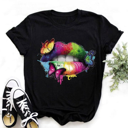 WVIOCE Women Tops O-neck Sexy Black Tees Kiss Lip Funny Summer Female Soft T Shirt  Lips Watercolor Graphic T Shirt Top9180