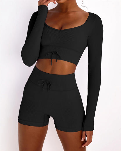Seamless Yoga Set Women Two Piece Crop Top Long Sleeve Shorts pants Sportsuit Workout Outfit Fitness Female Sport Suit Gym Wear