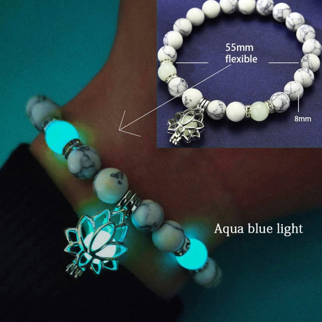 Natural Stone Bracelet Yoga Healing Luminous Glow In The Dark Bracelet Lotus Charm Beads Bracelet for Men Women Prayer Buddhism