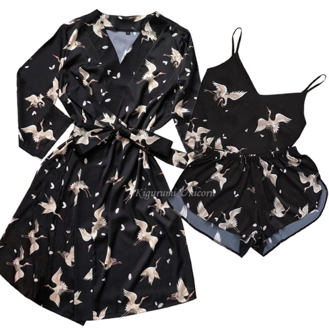 Floral Printed Sleepwear Silk Robe Suit Womens Satin Pajamas Gown Set V-Neck Cami Nighties Wear Pijama Home Nightwear Nightdress
