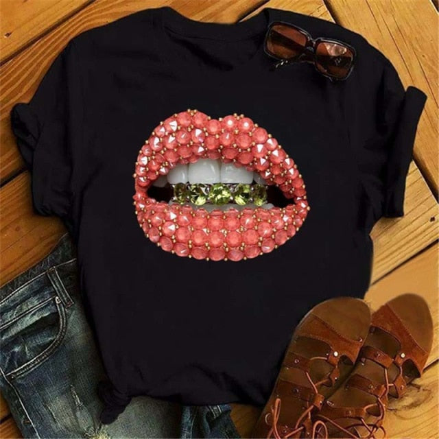 WVIOCE Women Tops O-neck Sexy Black Tees Kiss Lip Funny Summer Female Soft T Shirt  Lips Watercolor Graphic T Shirt Top9180