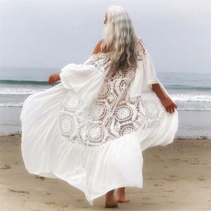 Blouse Woman Beachwear Long Sleeve Kimono Cardigan Lace Shirt robe de plage Q860