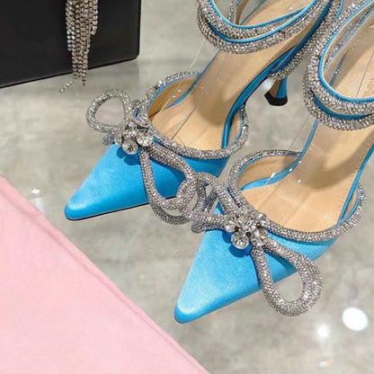 Rhinestone Butterfly knot Sandals Fine Heel Sandals Women Crystal Fairy Wind Pink Bow Tie With Diamond High Heels